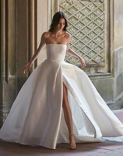 Strapless Ivory Satin Bridal Gowns with Pockets