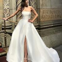 Strapless Ivory Satin Bridal Gowns with Pockets - Thumbnail 1