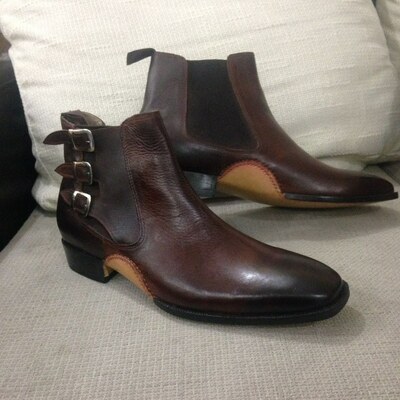 Handmade Brown Leather Chelsea Triple Monk Buckle Opanka-Sole Dress Jodhpur Boot