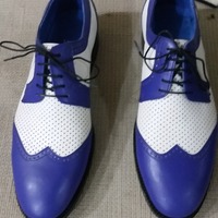 Crafted Leather Men's Blue White Wingtip Classic Oxford Dress Lace up Shoes - Thumbnail 1