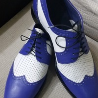 Crafted Leather Men's Blue White Wingtip Classic Oxford Dress Lace up Shoes - Thumbnail 2