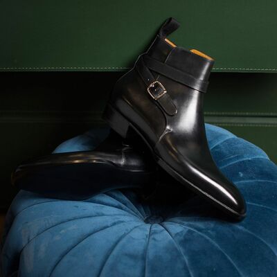 Handmade Mens Black Calf Leather Round Strap Jodhpur Boots