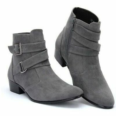 Suede leather gray pointed toe high ankle men rounded buckle straps jodhpur boot - Thumbnail 4