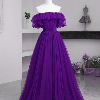 Dark purple tulle off shoulder long party dress a-line purple prom dress
