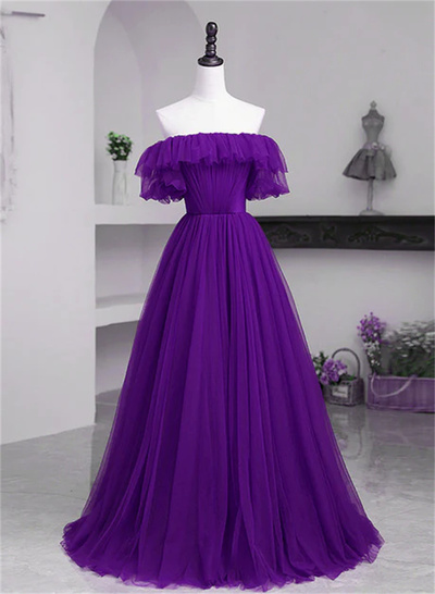 Dark Purple Tulle Off Shoulder Long Party Dress A-line Purple Prom Dress