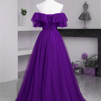 Dark Purple Tulle Off Shoulder Long Party Dress A-line Purple Prom Dress - Thumbnail 1