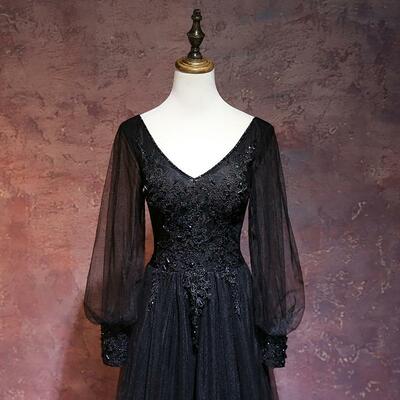 Beautiful black long sleeves v-neckline evening dress, black prom dress