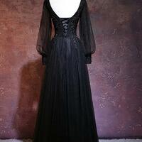 Beautiful Black Long Sleeves V-neckline Evening Dress, Black Prom Dress - Thumbnail 2