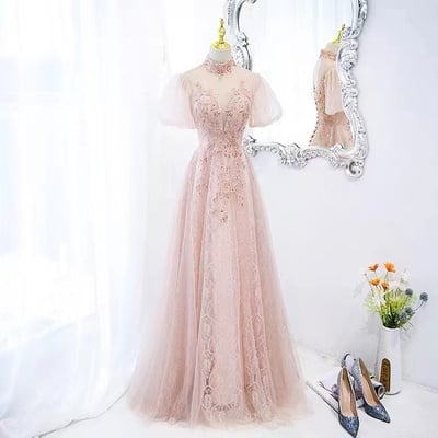Luxury party dress, high neck evening dress,noble pink party dress,handmade,