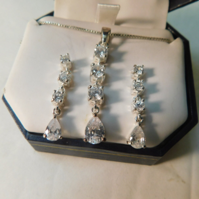 Solid 925 signed clear cz earrings & necklace set sterling silver gift boxed