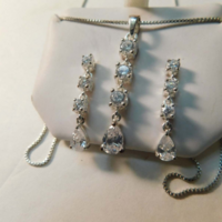 Solid 925 Signed Clear Cz Earrings & Necklace Set Sterling Silver Gift Boxed - Thumbnail 4