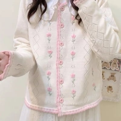 Blue embroidery hollow sweater 