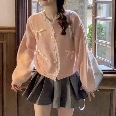 Pink bow knot long sleeve sweater 