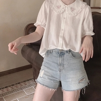 White Floral Embroidery Peterpan Collar Blouse - Thumbnail 1