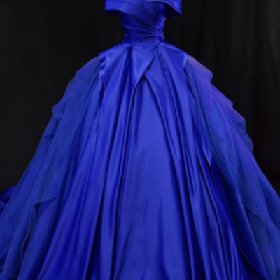 Off shoulder tulle satin blue long prom gown, blue long evening dress kpp1591