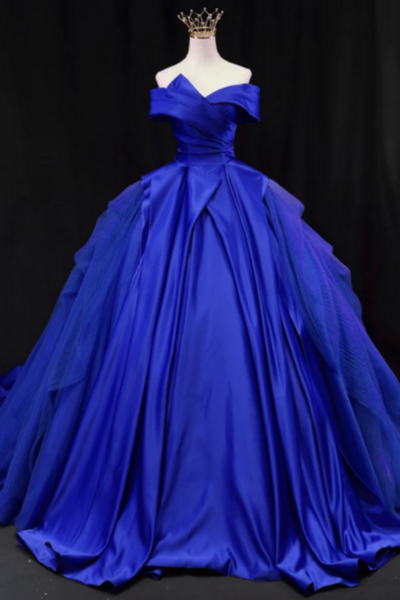 Off Shoulder Tulle Satin Blue Long Prom Gown, Blue Long Evening Dress KPP1591