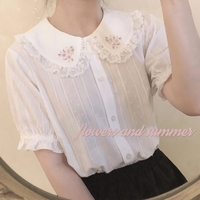 White Floral Embroidery Peterpan Collar Blouse - Thumbnail 2