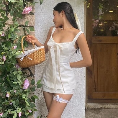 White french elegant bow mini dress 