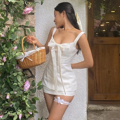 White French Elegant Bow Mini Dress 