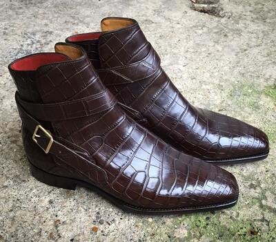 Handmade Dark Brown Leather Alligator Skin Jodhpur Dress Boot, Ankle High Monk Strap Boot