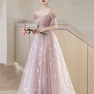 Pink tulle lace long prom dress, off the shoulder evening party dress