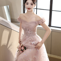Pink Tulle Lace Long Prom Dress, Off the Shoulder Evening Party Dress - Thumbnail 1