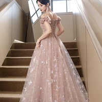 Pink Tulle Lace Long Prom Dress, Off the Shoulder Evening Party Dress - Thumbnail 3