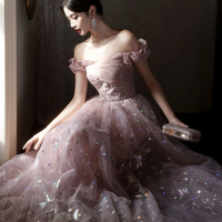 Pink Tulle Lace Long Prom Dress, Off the Shoulder Evening Party Dress - Thumbnail 4