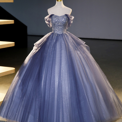 Blue tulle beaded long ball gown - Thumbnail 1