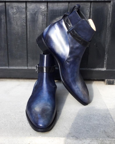 A Unique Platinum Velvet Patina with a Double-Sided Strap in Alligator and Pearl Grey Jodhpur Boot