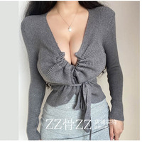Drawstring tie long sleeve v-neck wool sweater top - Thumbnail 5