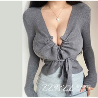 Drawstring tie long sleeve v-neck wool sweater top - Thumbnail 6