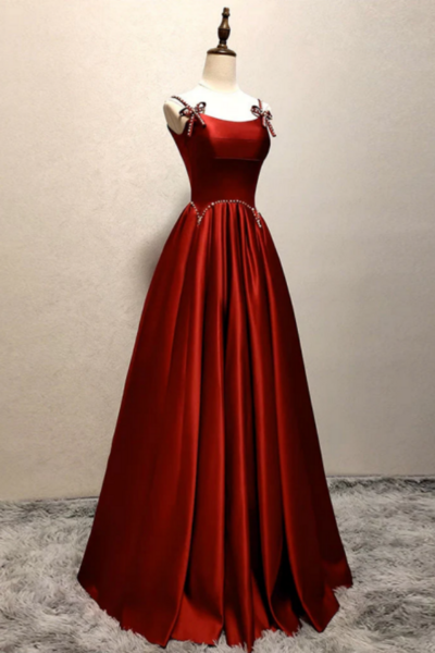 A Line Satin Burgundy Long Prom Dress, Burgundy Long Formal Dress KPP1592