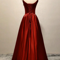 A Line Satin Burgundy Long Prom Dress, Burgundy Long Formal Dress KPP1592 - Thumbnail 2