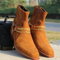 Cuban Heel Chain Buckle Side Zipper Jodhpur Suede Boot in Brown Leather - Thumbnail 1