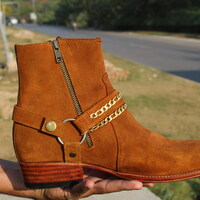 Cuban Heel Chain Buckle Side Zipper Jodhpur Suede Boot in Brown Leather - Thumbnail 2