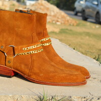 Cuban Heel Chain Buckle Side Zipper Jodhpur Suede Boot in Brown Leather - Thumbnail 4