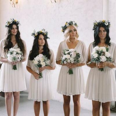 Simple a-line v-neck knee length chiffon bridesmaid dresses