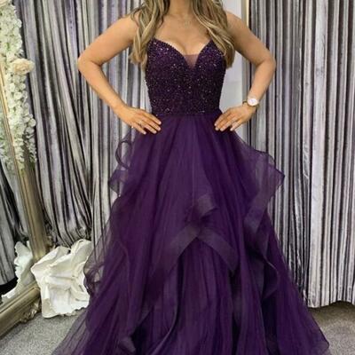 A-line grape tulle prom dresses with beading