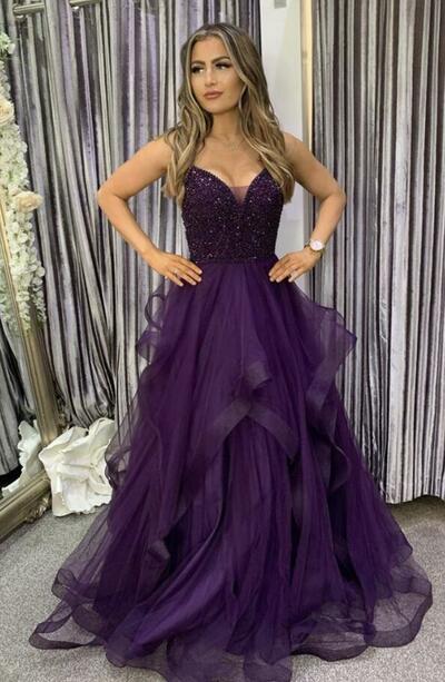 A-Line Grape Tulle Prom Dresses with Beading