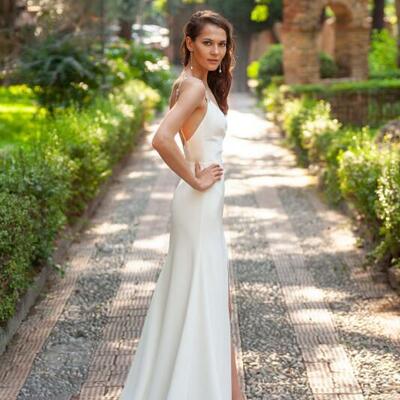 Mermaid v neck satin prom dresses with split - Thumbnail 4