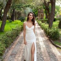 Mermaid V Neck Satin Prom Dresses with Split - Thumbnail 1