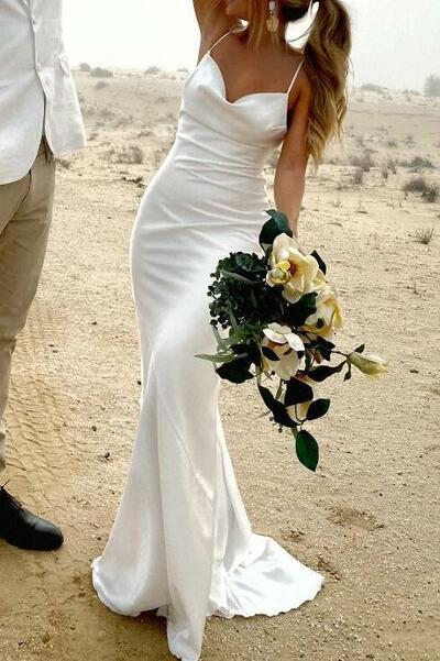Chic Mermaid Cowl Neck Silk Satin Bridal Dresses