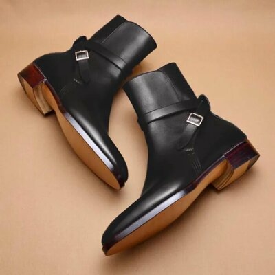 Men's Handmade Black Leather Jodhpur Buckle Boots
