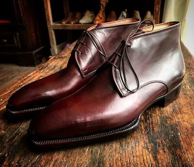 Handmade Mens Burgundy Color Leather Chukka Boot