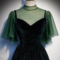 Deep Green Tulle Velvet Cap Sleeve Long Dress Customize Formal Prom Dress - Thumbnail 1