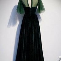 Deep Green Tulle Velvet Cap Sleeve Long Dress Customize Formal Prom Dress - Thumbnail 2