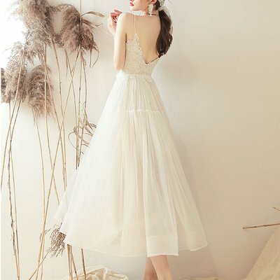 White sweetheart a line tulle tea length prom dress bridesmaid dress