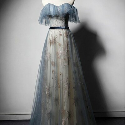 Blue embroidery tulle strapless lace up long senior prom dress, formal dress with sleeves
