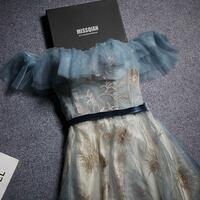 Blue Embroidery Tulle Strapless Lace Up Long Senior Prom Dress, Formal Dress With Sleeves - Thumbnail 1